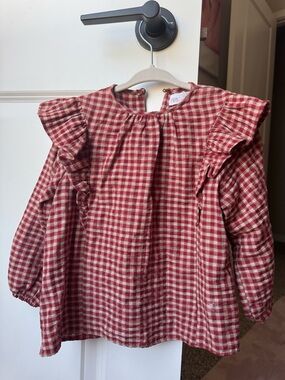 Zara Red Plaid Ruffle Shoulder Blouse